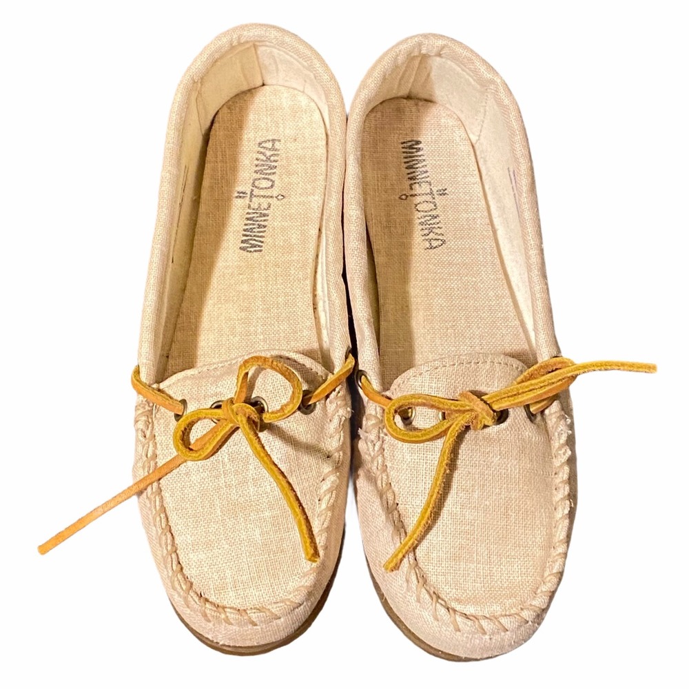 Women's Sz 6 Minnetonka Womens Shoes Moccasins Bow‎ Canvas Beige Natural Linen